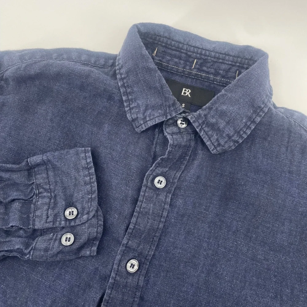 Banana Republic Button Down Mens S Navy Blue 100% Linen Standard Fit Summer